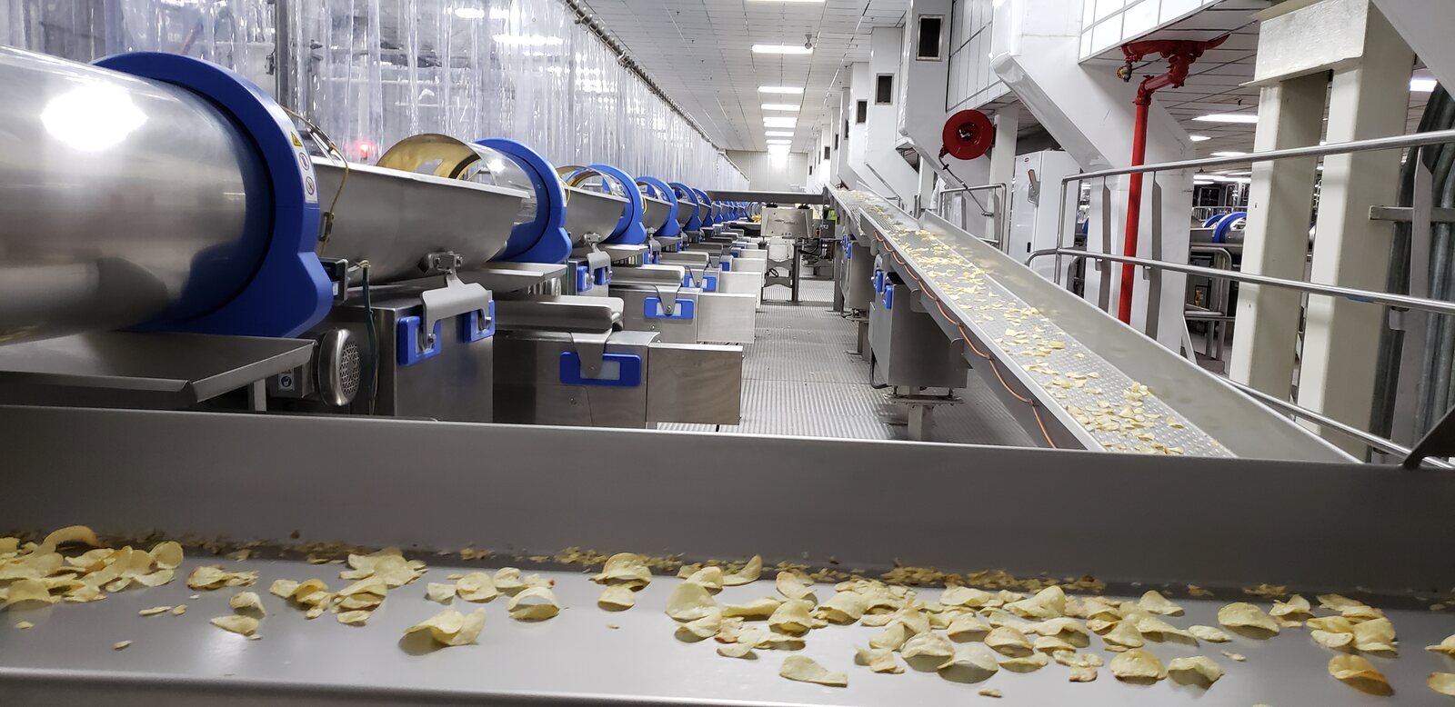 Stainless-steel production equipment and conveyors carrying food product through a processing facility.