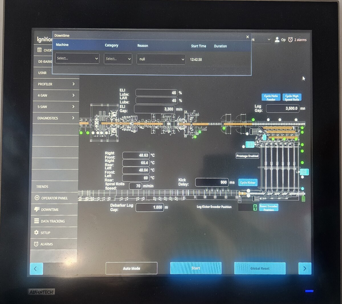 An Ignition operator display showing a log-processing line, equipment status, and downtime-entry controls.